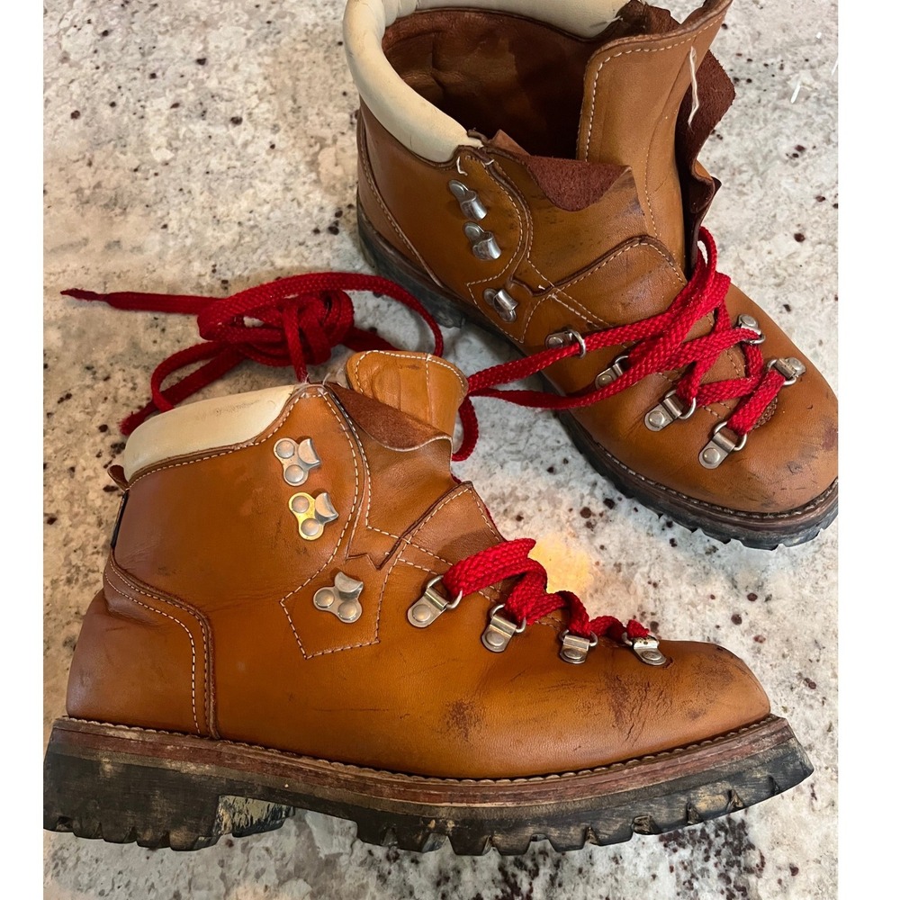 Vintage Scarpa Leather Hiking Boots Tan Red Laces Vibram Lug Sole Mens 10 D